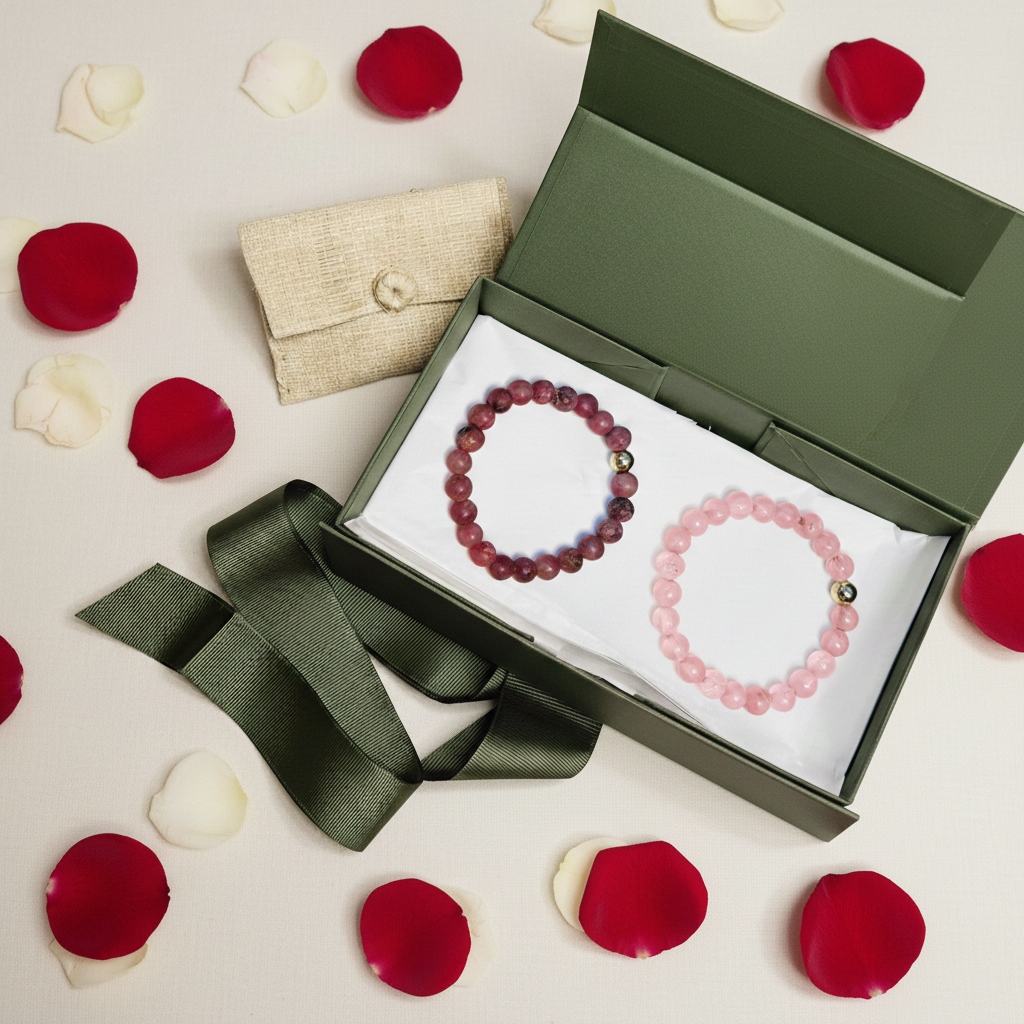 Coffret duo bracelets "Amour" - Quartz Rose et Rhodonite