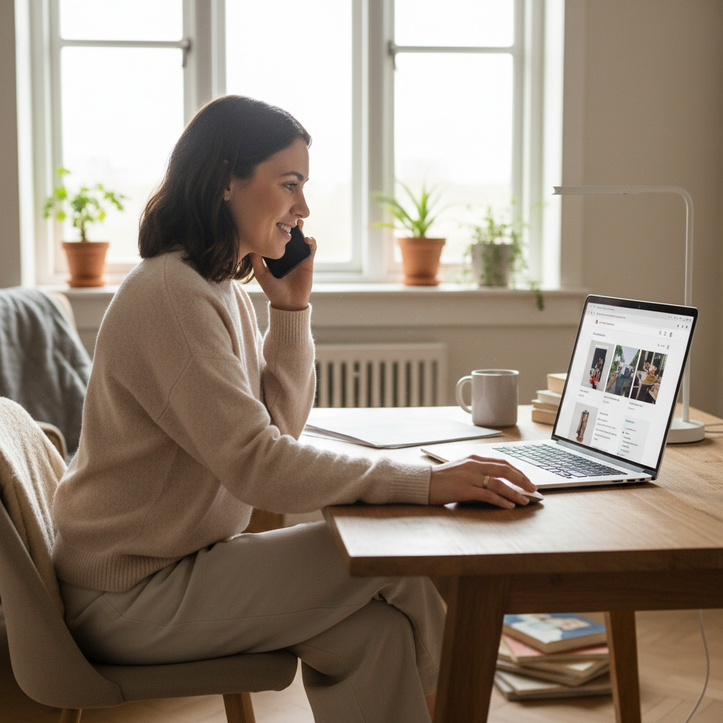 Cliente chez elle au téléphone devant son PC